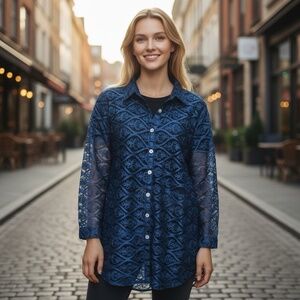 WEAVZ Embroidered Sheer Jacket Women's M Blue Button-Up Long Sleeve Cocktail